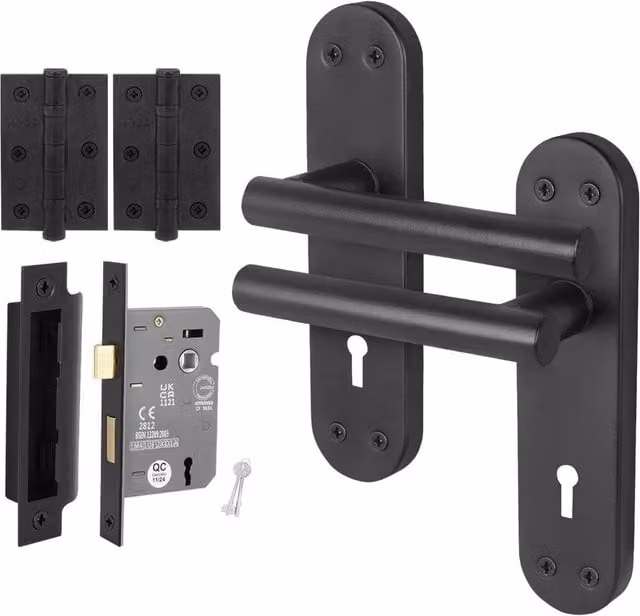 AFIT Matt Black T-Bar Handle Sashlock Hinges and Backplate Set, 1 Pair