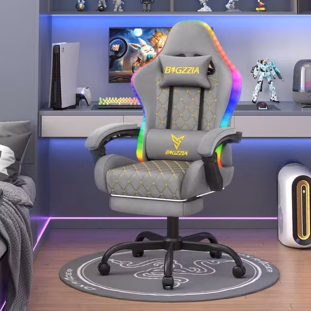 Gartistgo Grey PU Leather Gaming Chair with RGB Lights, Footrest and Headrest
