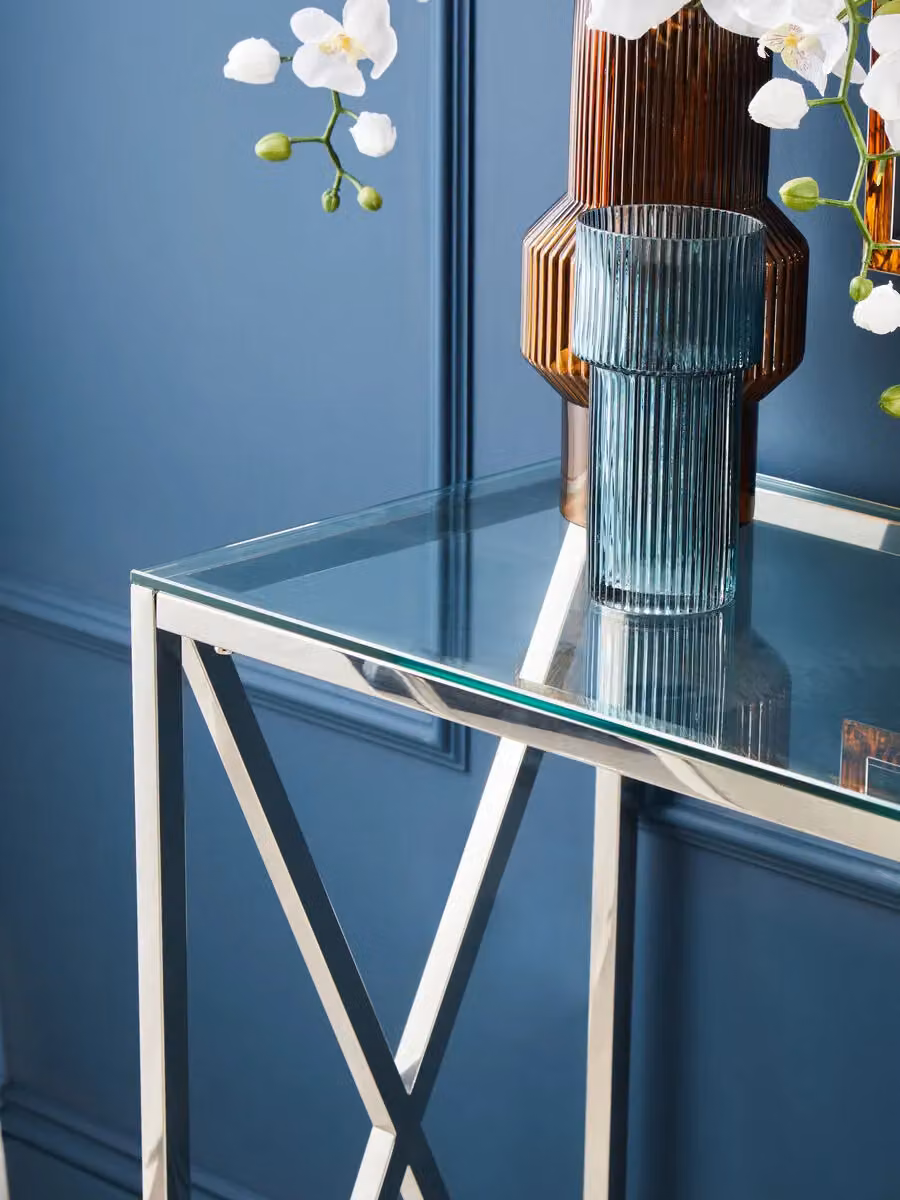 Orsina Silver Glass Console Table with Stainless Steel Frame, W/D/H: 120 x 40 x 78 cm – 2