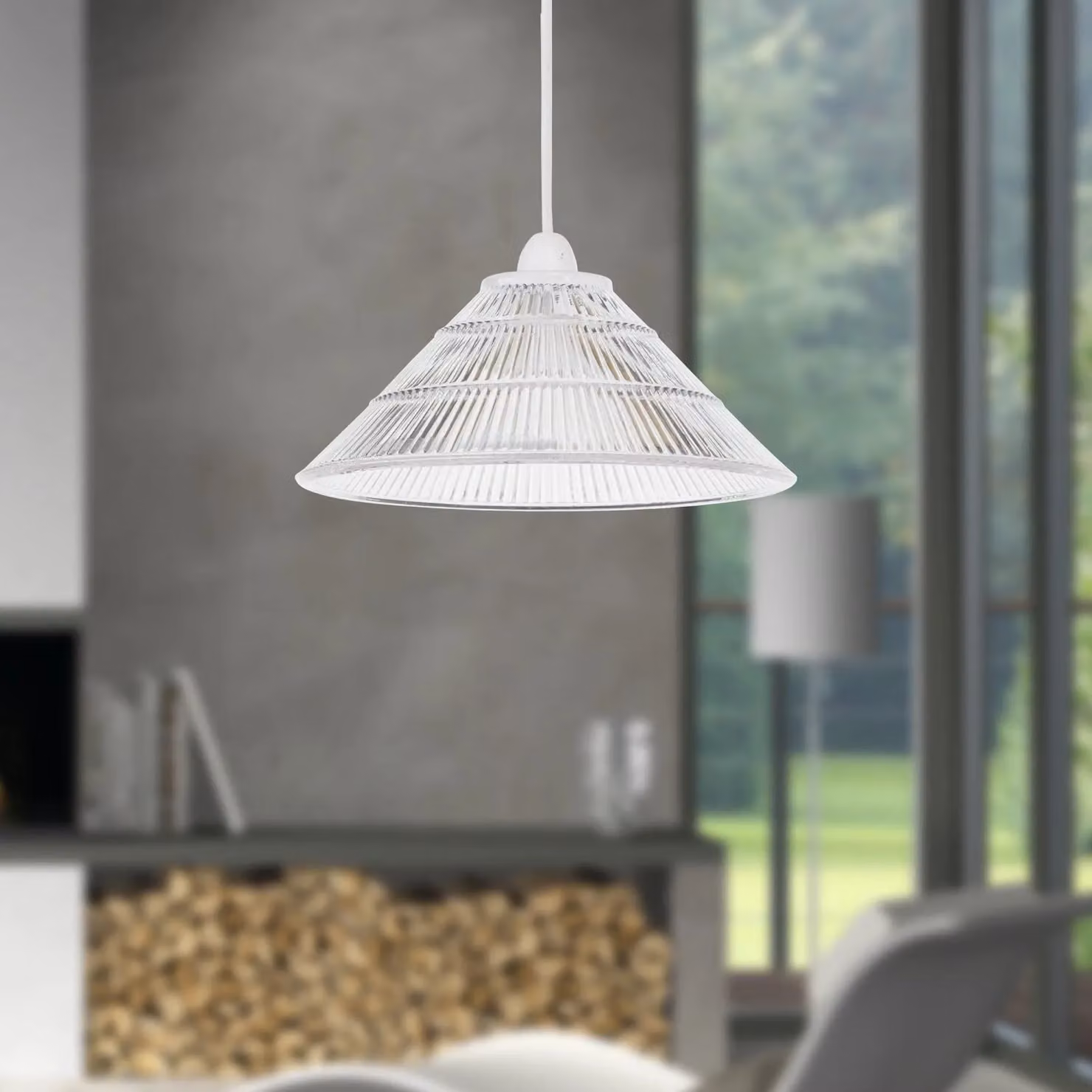 First Choice Lighting Barnes Set of 2 Transparent Fluted Glass Cylinder Pendant Shades, Diameter: 25 cm – 2