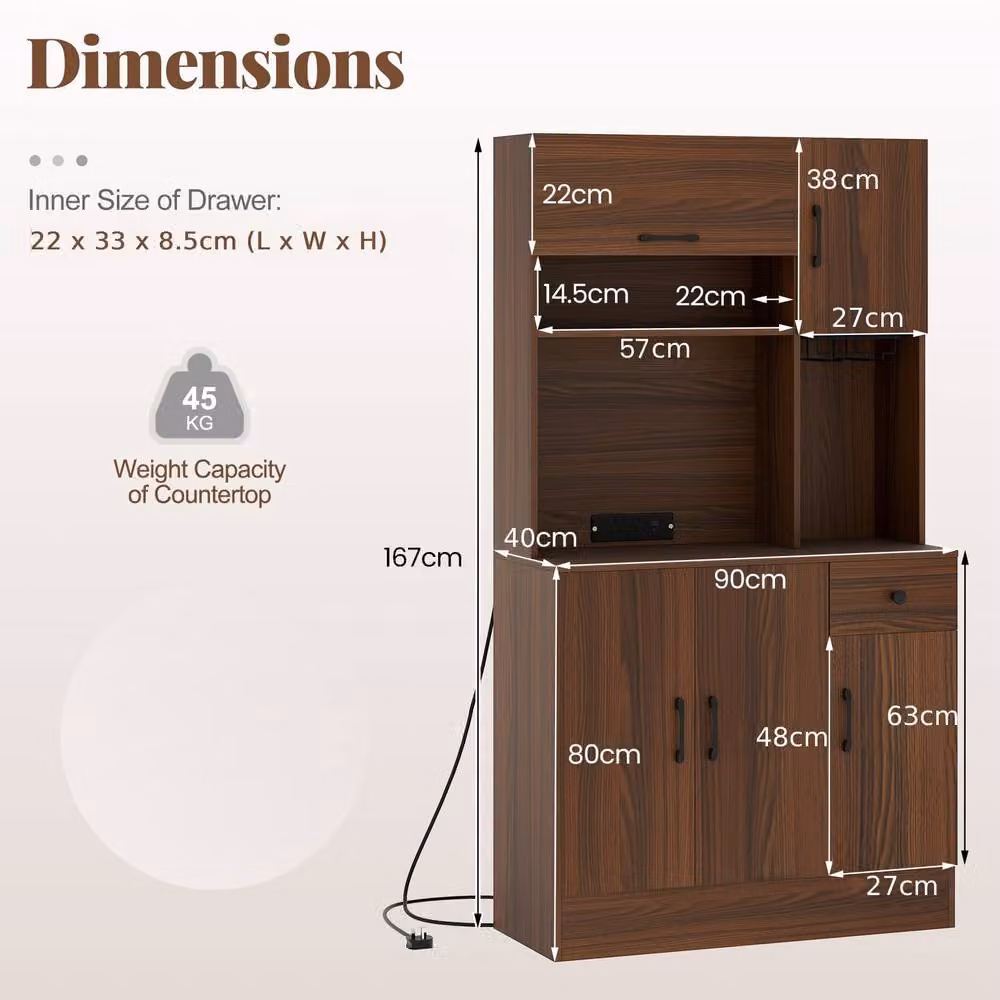 Gymax Tall Pantry Kitchen Storage Cabinet with Power Outlets in Walnut – 2