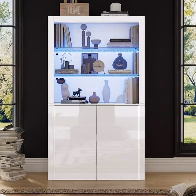 BTM White High Gloss LED Display Cabinet with Glass Doors and Internal Shelves, Height: 100 cm – 1