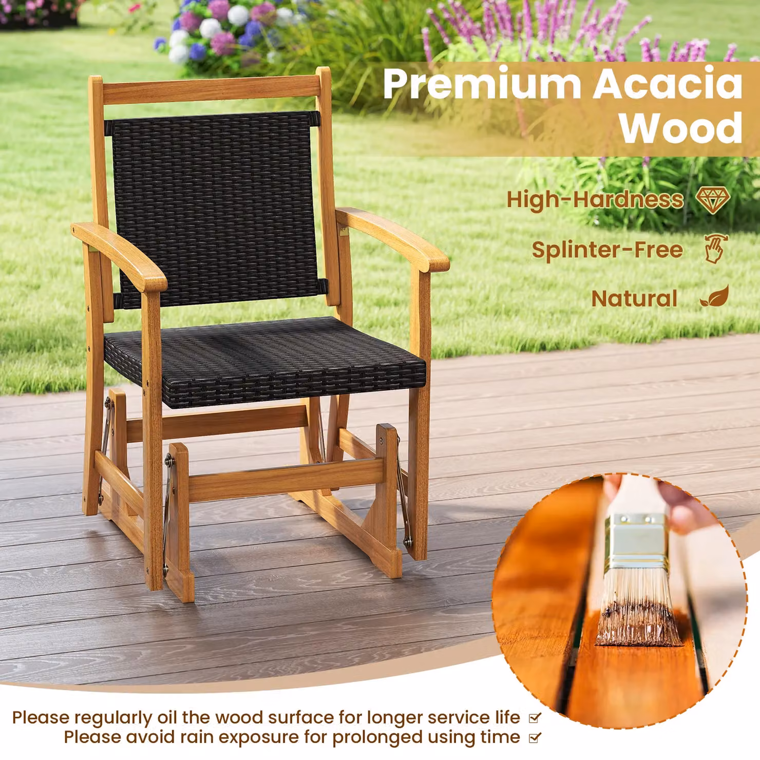 Gymax Outdoor Acacia Wood Glider Chair with Rattan Seat in Brown – 6