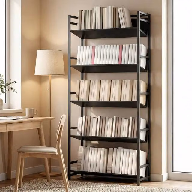 HOMCOM 5-Tier Metal Bookcase in Black with Anti-Slip Design – 1