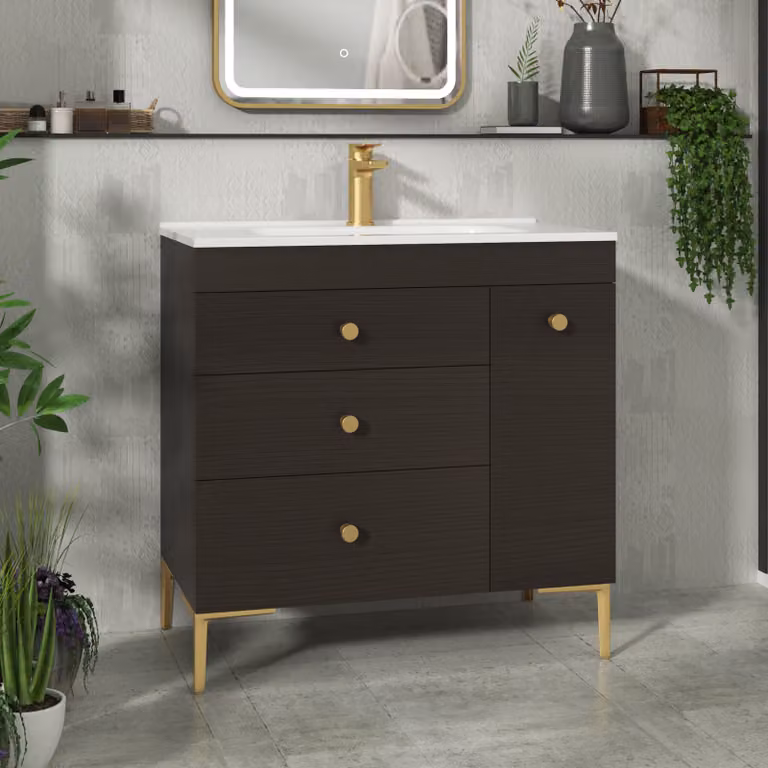 Royal Bathrooms Verona 800mm Walnut Woodgrain Floor Standing Vanity Unit with 3 Drawers, Side Pull Out Storage and Ceramic Basin in Brown with Brushed Brass Knob