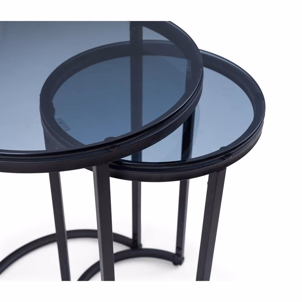 Cheshire Stirling Round Nesting Side Tables in Smoked Glass and Black – 5
