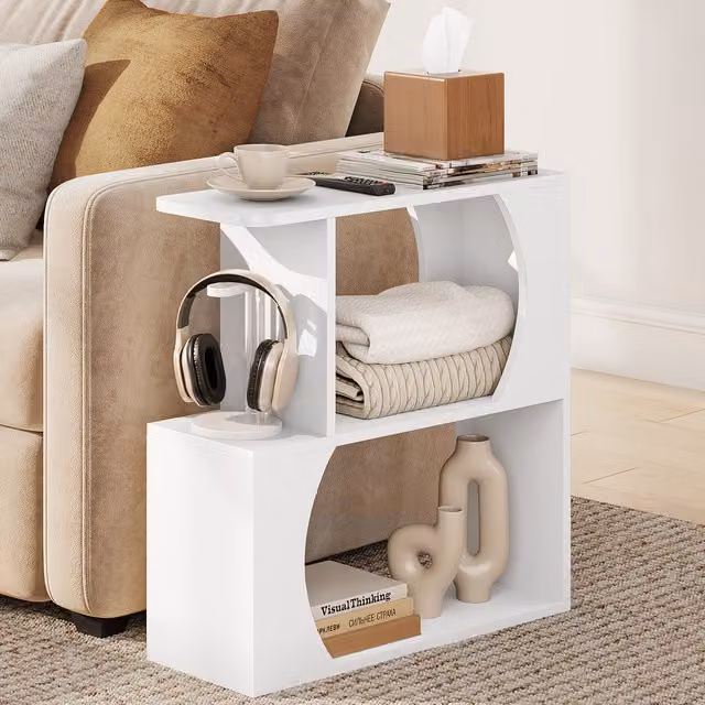Yaheetech Narrow Sofa Side Table with Arched Cut-Out and Shelves, White