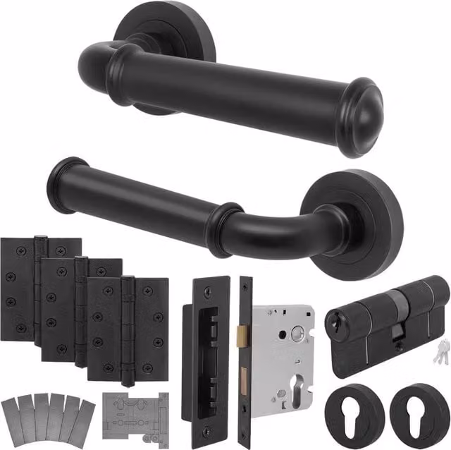 AFIT Black Fire Door Handle Set with Euro Lock, Double Cylinder and Matt Aluminium Hinges
