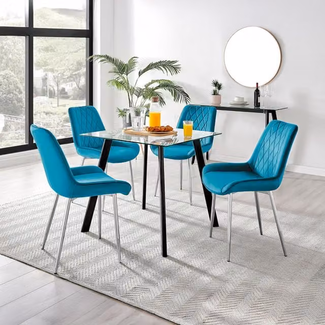 FurnitureboxUK Seattle Square Glass Dining Table with 4 Pesaro Silver Chairs in Blue and Black