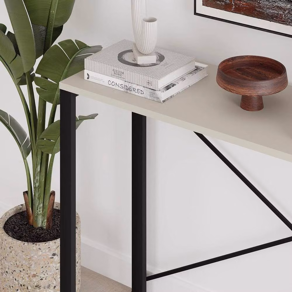 VOGREX Sandstone Narrow Console Table with Metal X-Frame Legs in Beige and Black – 3