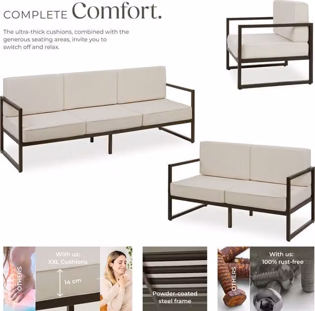 tectake Comosa Garden Furniture Set for 6 People with 2 Sofas and 1 Armchair in Brown and Beige with XXL Padding