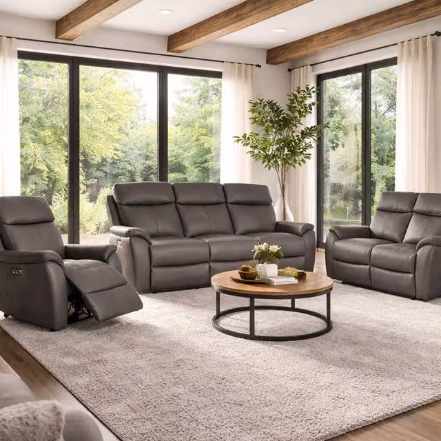 Aspire Kingsmere 3+2+1 Power Recliner Sofa Suite in Grey Real Leather with USB Charging – 1