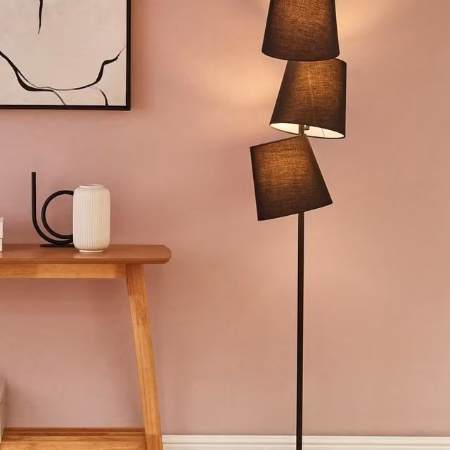 Wyld and Coco Modern Black Metal Floor Lamp with Triple Cone Fabric Shades, Height: 164 cm