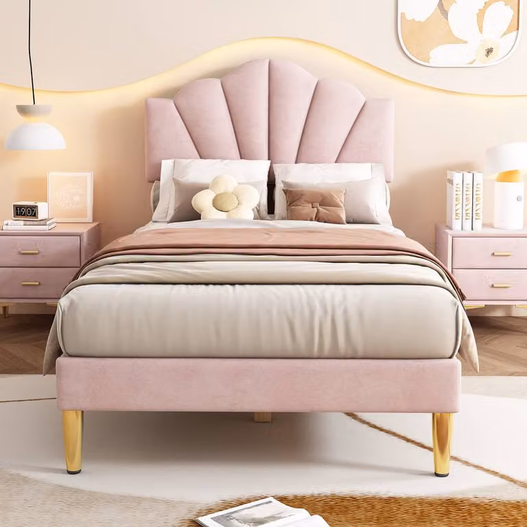 Rolipo Pink Velvet Single Bed with Shell Headboard and Storage Bench, W/D/H: 90 x 190 cm