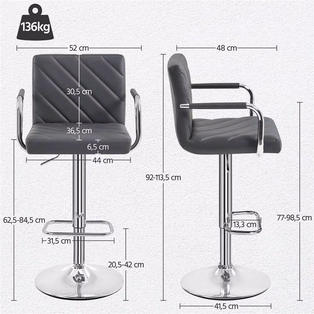 VOGREX Modern Adjustable Swivel Bar Stool with Thick Synthetic Leather Cushion in Dark Grey – 2