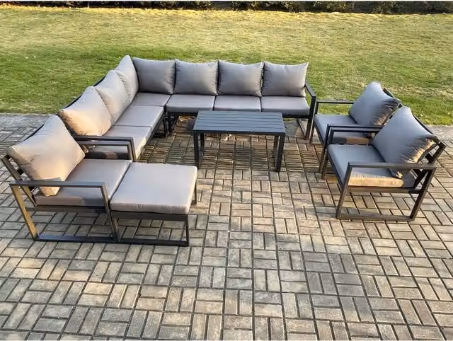 Fimous Powder Coated Aluminium L-Shape Corner Sofa Set in Dark Grey with Coffee Table and Ottoman