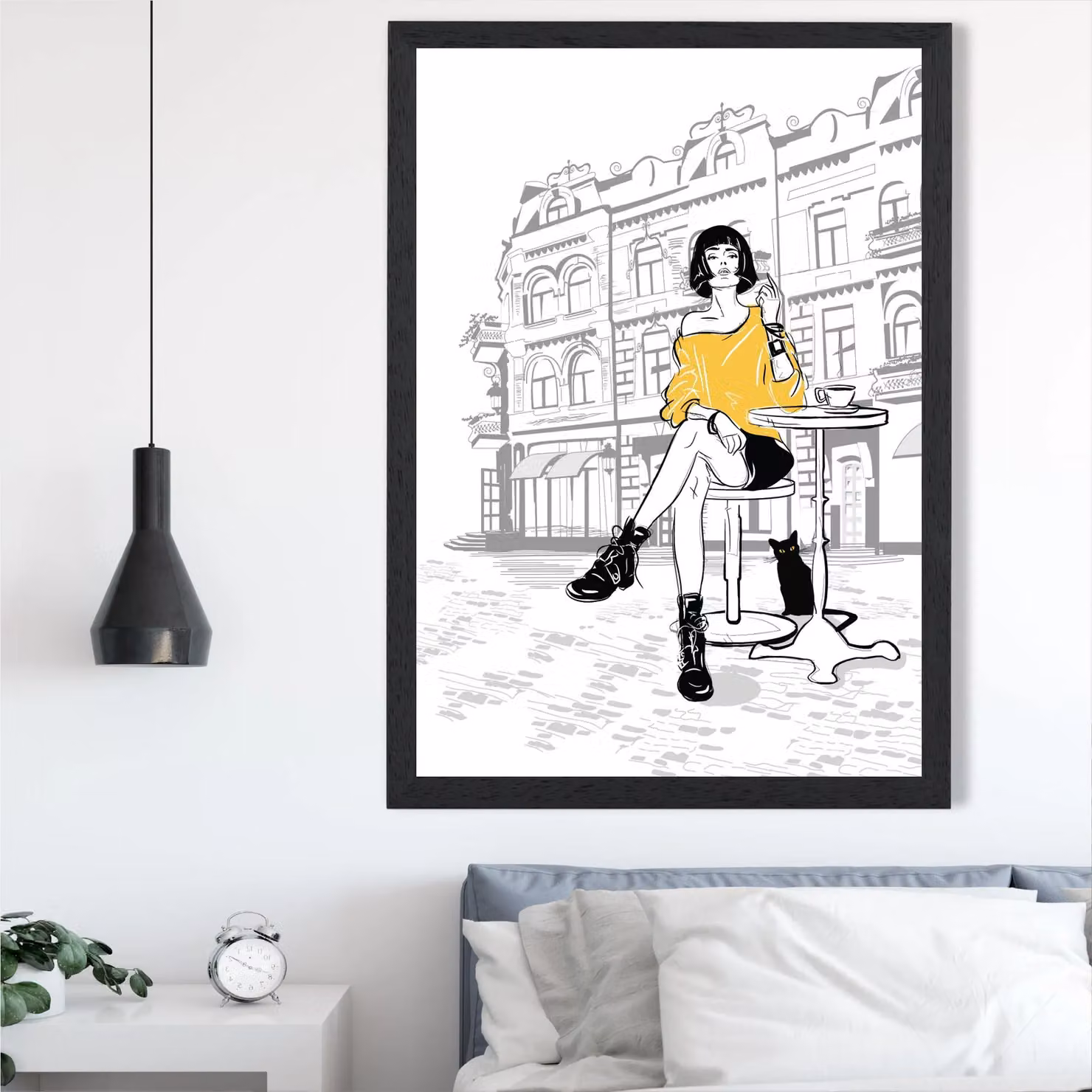 ARTZE Paris Café with Cat Style and Fashion Sketch Framed Print, Yellow and Black, A4 – 2