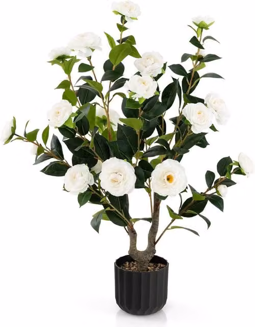 COSTWAY White Artificial Camellia Tabletop Floral Tree
