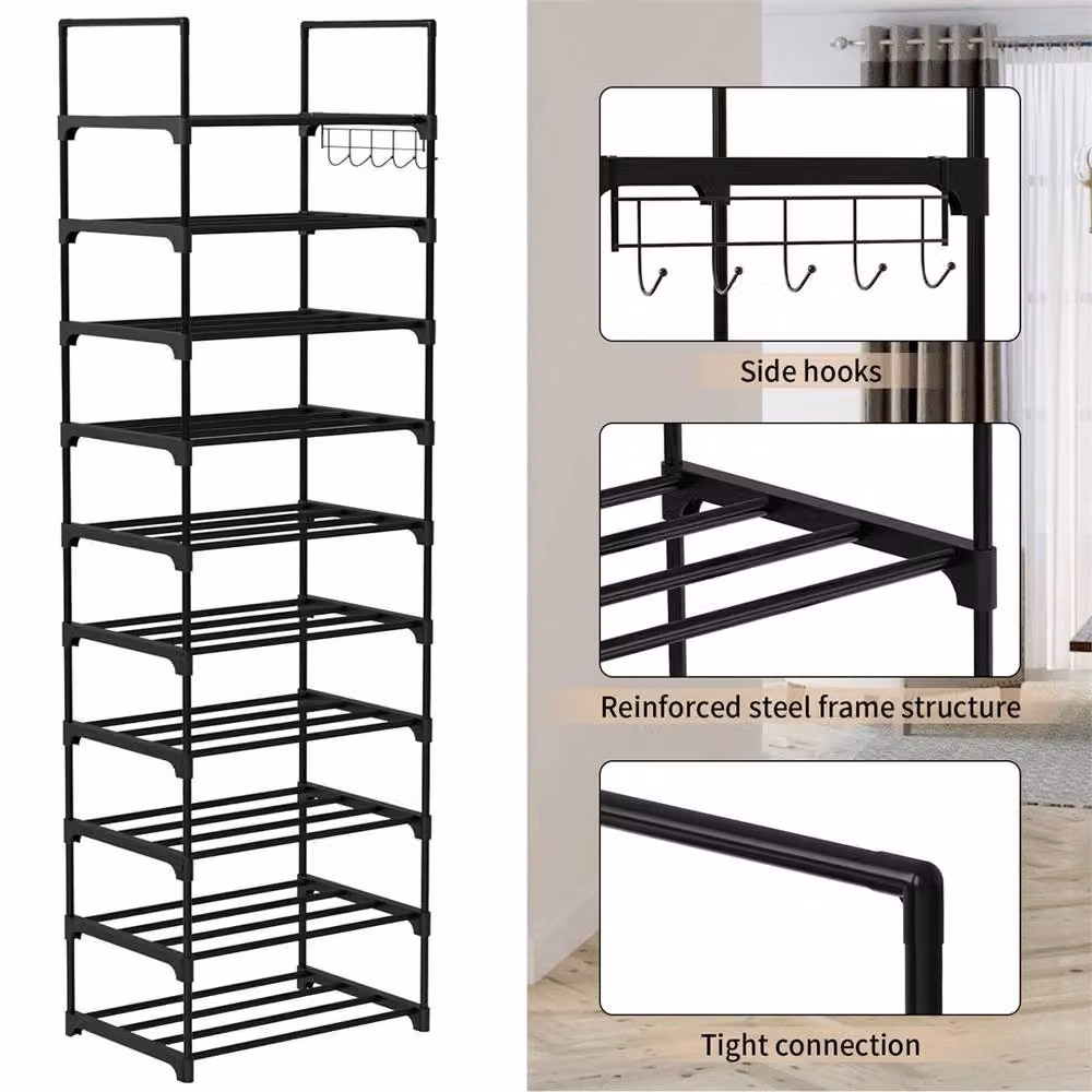 Nordara 10 Tier Metal Shoe Rack Tall Storage Organiser in Black – 3