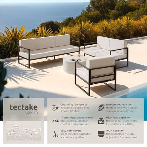 tectake Minimalist Garden Furniture Set with Powder Coated Steel Frames, Including 1 x 3-Seater Sofa, 1 x 2-Seater Sofa, 1 x Lounge Armchair and Upholstered Foam Cushions with Removable Covers – 3