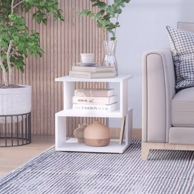 HOMCOM Modern Square 2 Tier White Wooden Side Table