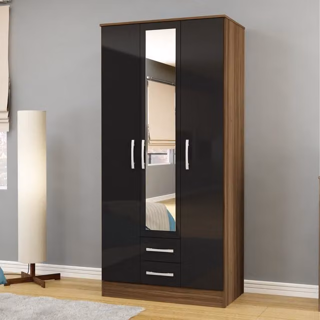 Birlea Lynx Modern Sliding Door Wardrobe with Mirror and Drawers in Walnut, Black and Silver