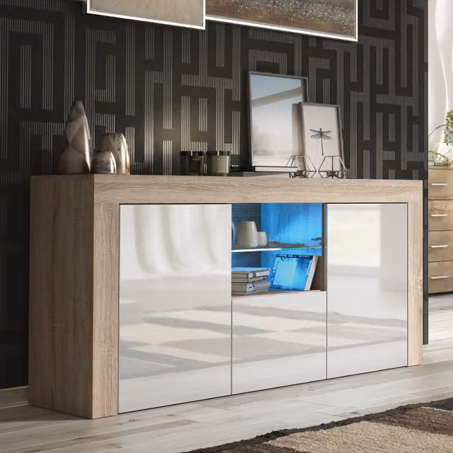 Creative Furniture Aurora Modern Sideboard in Oak and White with Integrated Lighting, W: 145 cm, H: 70 cm, D: 35 cm