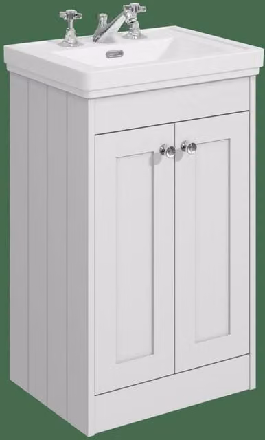 Balterley 500mm Floor Standing 2 Door Bathroom Unit with 3 Tap Hole Basin in Satin White
