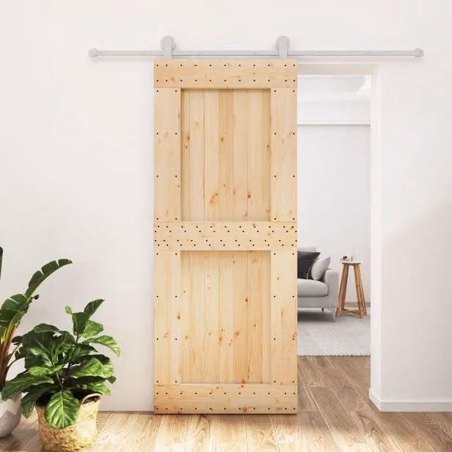 Berkfield Home Modern Sliding Door with Hardware Set in Brown Solid Wood and Steel, W: 85 cm, H: 210 cm