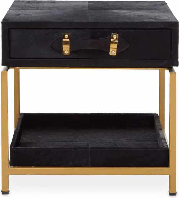 Orsina Black Hair On Hide Bedside Table with Gold Frame – 1