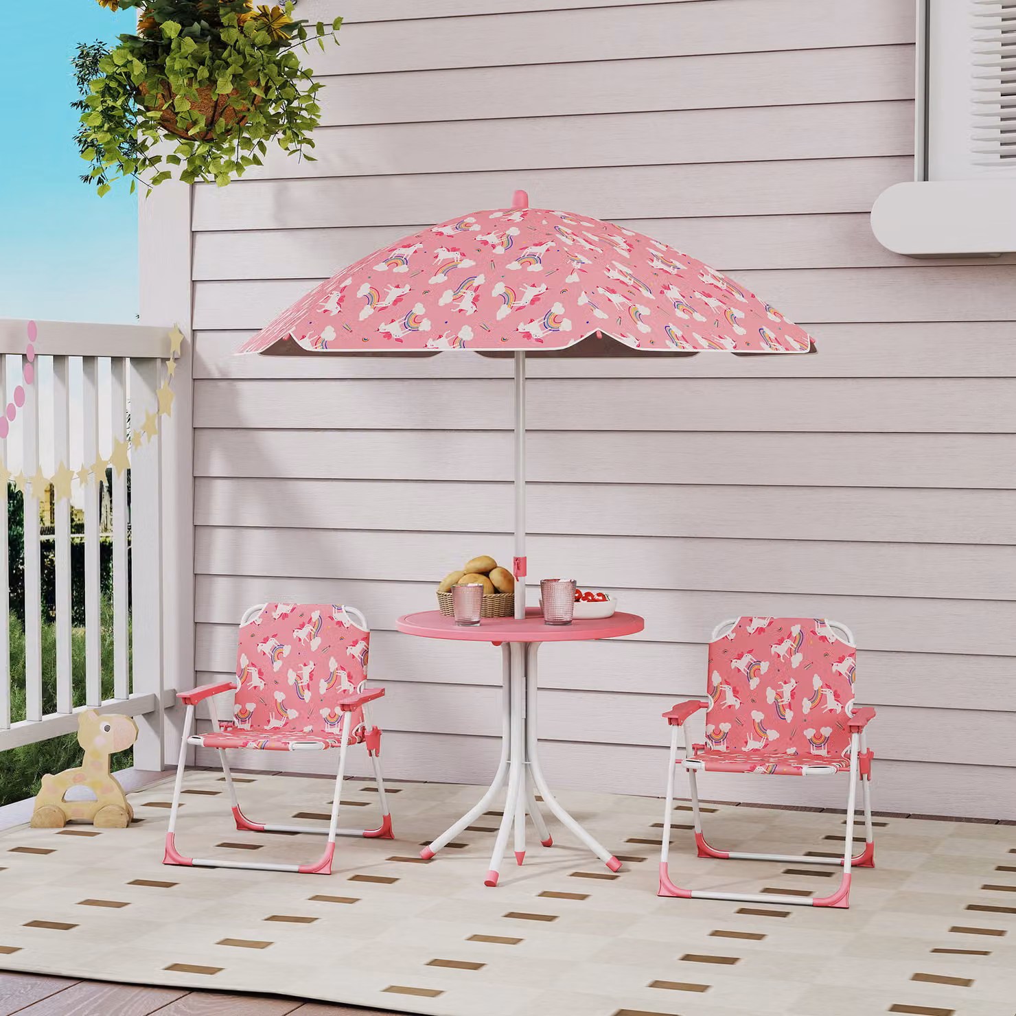 AIYAPLAY 4-Piece Kids Patio Table and Chair Set with Umbrella in Pink – 2