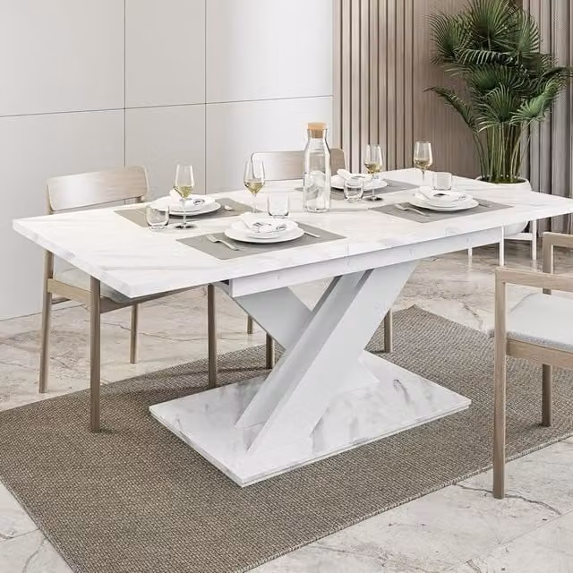 PHD Furniture Extendable Rectangular Dining Table in White Bianco Marble