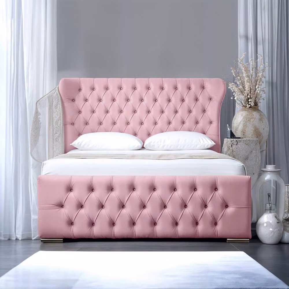 UK Bed Furniture Isabella Double Upholstered Slatted Base Bed with 48 Inch Wingback Headboard in Pink Velvet – 2