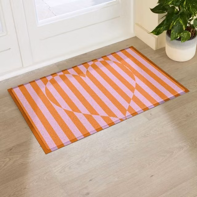 Artsy Mats Elizabeth Olwen Heart Stripe Indoor/Outdoor Doormat in Pink and Multicolour, W: 90 cm, D: 60 cm