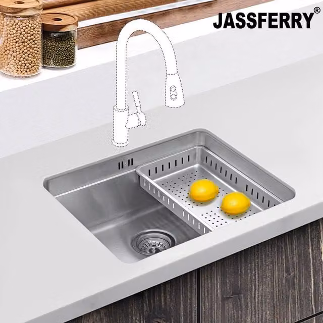 JASSFERRY Stainless Steel Undermount Kitchen Sink with Dish Drainer Rack in Silver, W: 54.0 cm x D: 44.0 cm