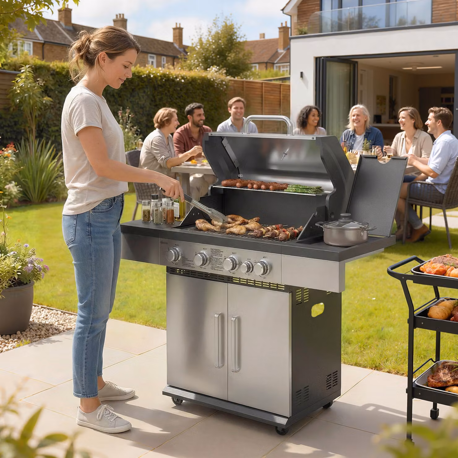 Outsunny 4+1 Burner Gas BBQ Grill with Side Burner, Warming Rack, Side Shelf, Storage Cabinet and Wheels – 2