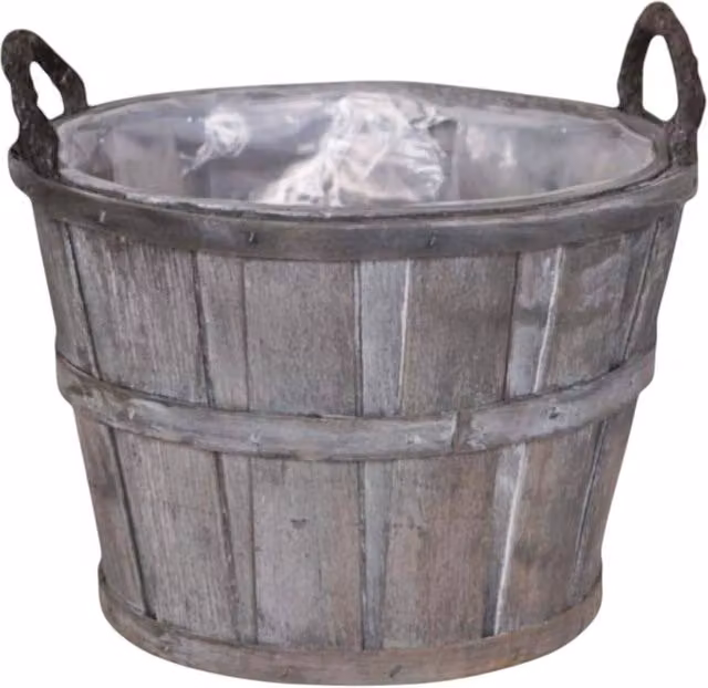 Four Candle Rustic Wooden Barrel Plant Pot with Handles, Grey, Diameter: 26 cm