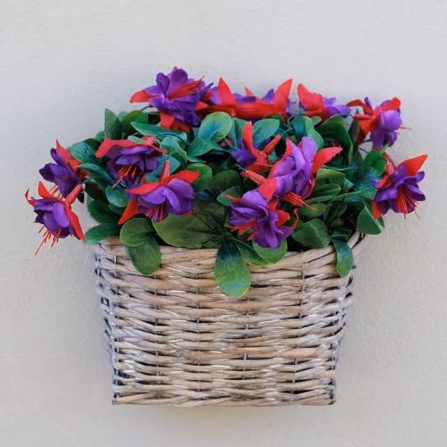 Primrose Artificial Fuchsia Wall Floral Arrangement in a Grey Wicker Basket, 38 cm