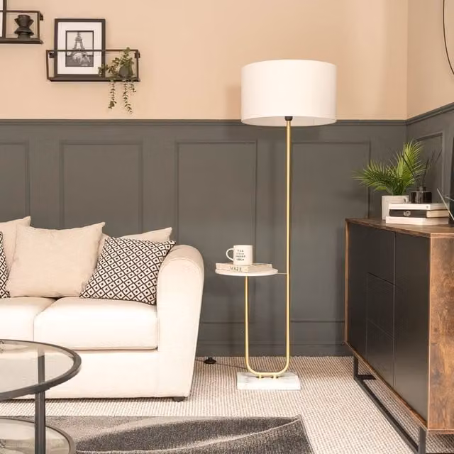 ValueLights Tavel Modern Floor Lamp with Integrated Table and White Fabric Drum Shade in White and Gold/Brass