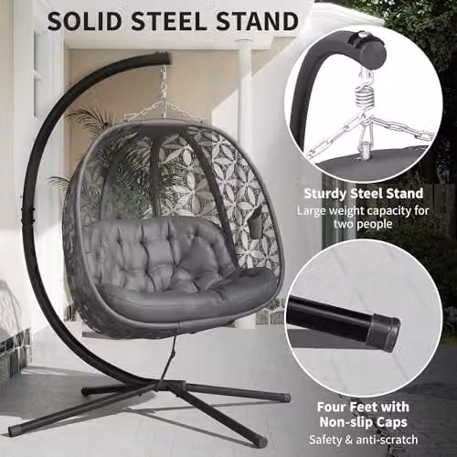 Outsunny Double Hanging Swing Chair with Metal Stand and Cushions, Grey – 6