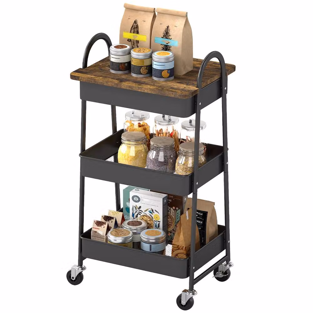 STILVORA 3-Tier Metal Storage Trolley with Wheels and Covered Top in Matt Black – 3