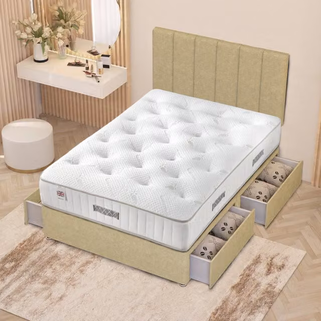 Somnior Beds Ltd Austin Linen Fabric Storage Divan Bed Hybrid Orthopaedic Mattress with 4 Drawers and 32 inch Headboard, Beige, W/D/H: 140 x 200 cm
