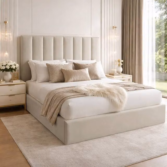 Desire Deco Plush Velvet Suenna Ottoman Storage Bed Frame in Light Beige, W/D/H: 140 x 200 cm