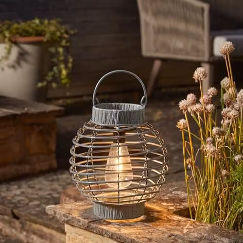 mysmartbuy Solar Powered Rattan Terra Lantern LED Outdoor Garden Light, Grey, H 23 x W 22 cm