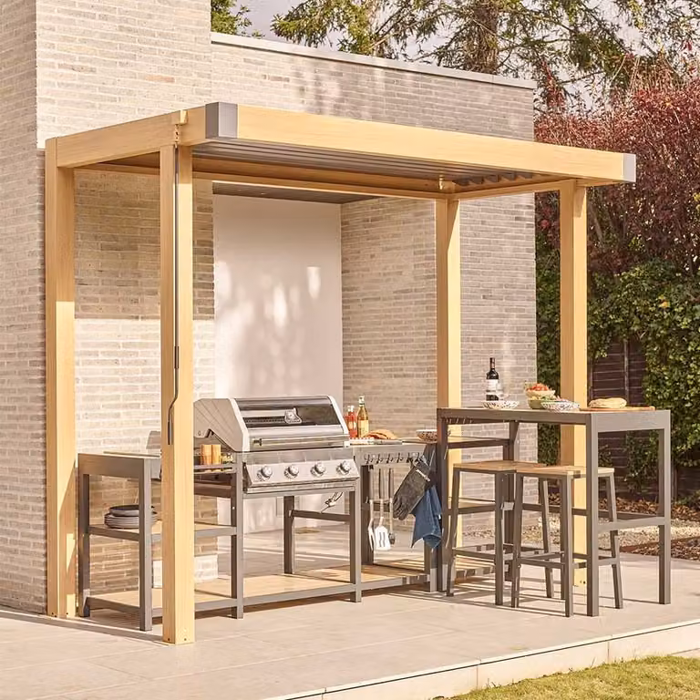 Leisure Grow Savannah BBQ Pergola in Brown Oak Effect Aluminium, W: 300 cm, D: 150 cm