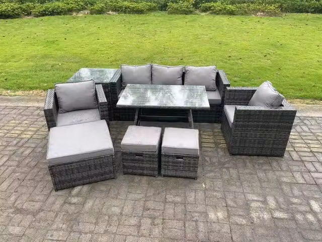 Fimous 8 Seater Rattan Outdoor Garden Dining Set in Dark Grey with Dining Table, 2 Armchairs, Side Table and 3 Stools