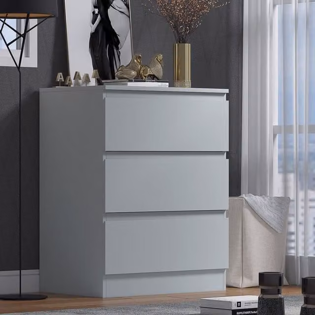 FWStyle 3 Drawer Matt Finish Chest of Drawers and Nightstand in Matt Grey