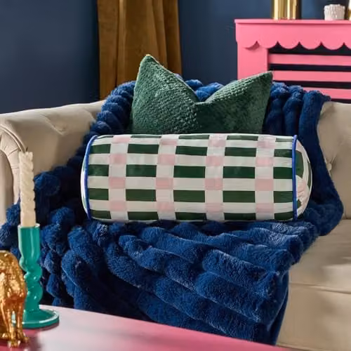 OHS Checked Matte Velvet Bolster Pillow in Green and Pink, W: 46 cm, D: 20 cm