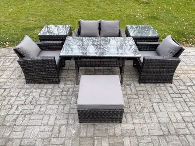 Fimous 5 Seater PE Wicker Outdoor Garden Furniture Set with Rectangular Glass Top Dining Table in Dark Grey