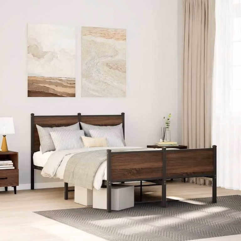 Berkfield Home Industrial Metal Bed Frame in Brown Oak, W/D/H: 120 x 200 cm